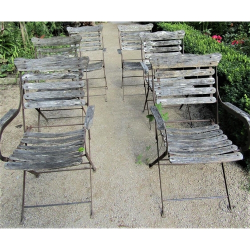 78 - A set of six vintage folding garden armchairs with steel frames and teakwood lathe backs, seats and ... 