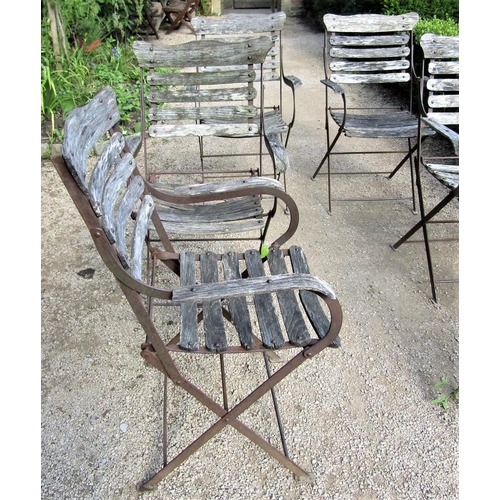 78 - A set of six vintage folding garden armchairs with steel frames and teakwood lathe backs, seats and ... 