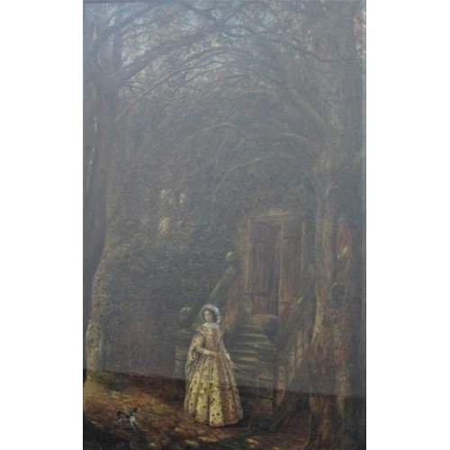 753 - W Nicholson (19th century British) - Lady Dorothy Leaving Haddon Hall, woman in yellow dress standin... 