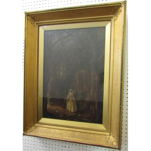 753 - W Nicholson (19th century British) - Lady Dorothy Leaving Haddon Hall, woman in yellow dress standin... 