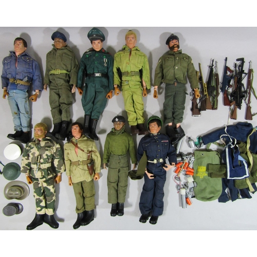 664 - 9 vintage Action Men, all in military uniform, 6 have gripping hands (of which 2 have damage to hand... 