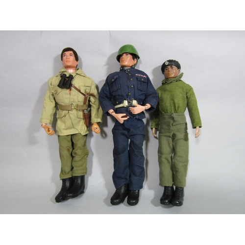 664 - 9 vintage Action Men, all in military uniform, 6 have gripping hands (of which 2 have damage to hand... 