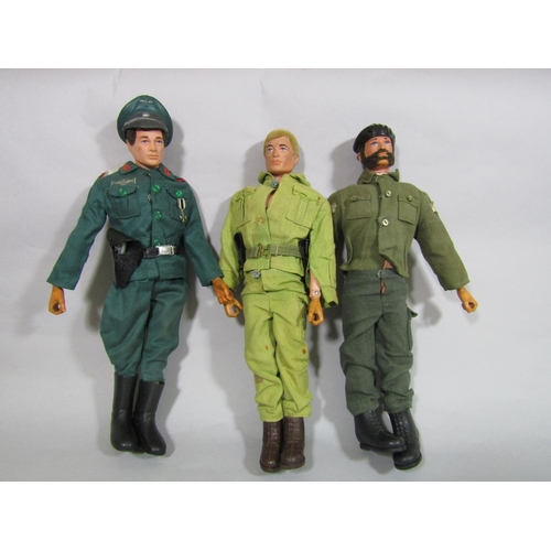 664 - 9 vintage Action Men, all in military uniform, 6 have gripping hands (of which 2 have damage to hand... 