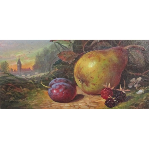 763 - Raymond Campbell (British born 1956) - Still life with fallen fruit, pear, plum and blackberries and... 