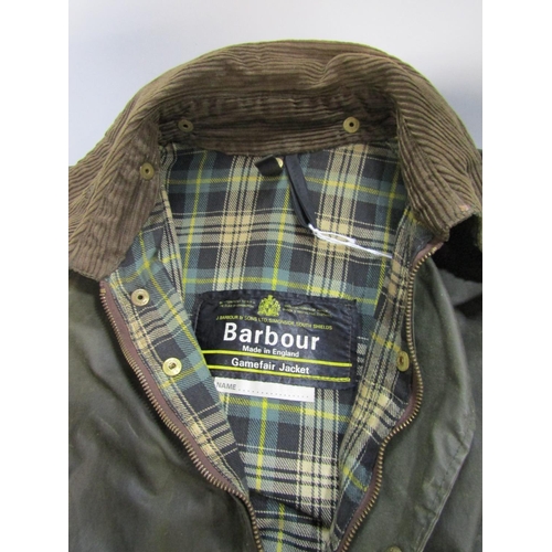 488 - 3 gents waxed country jackets including a Barbour 'Gamefair' in green with brown corduroy collar, si... 