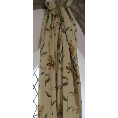 481 - 1 pair bespoke made extra long country house curtains in heavyweight fabric with woven floral patter... 