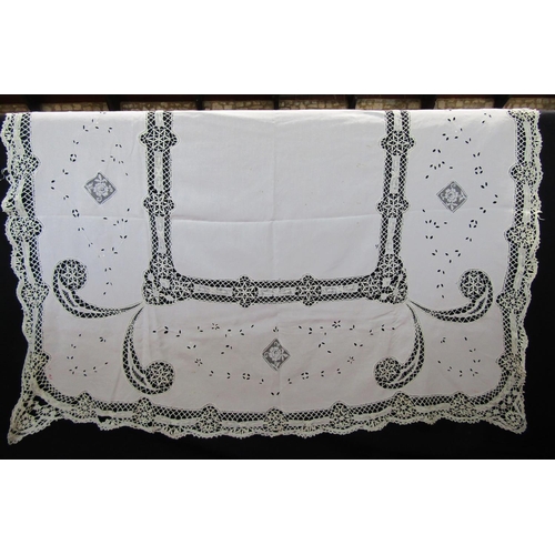 498 - Suitcase full of good quality white vintage table cloths including 4 large white cloths with crochet... 