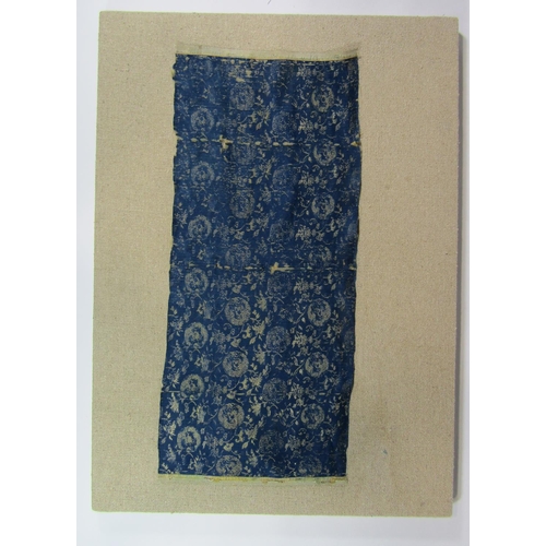 500 - Sample of antique embroidered Chinese silk fabric, woven on a narrow loom with gold weft and blue wa... 