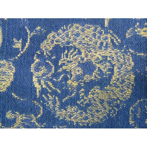 500 - Sample of antique embroidered Chinese silk fabric, woven on a narrow loom with gold weft and blue wa... 