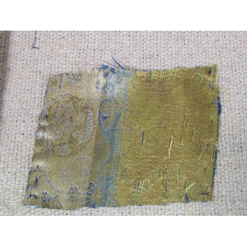 500 - Sample of antique embroidered Chinese silk fabric, woven on a narrow loom with gold weft and blue wa... 