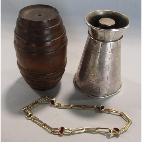 458 - A silver plated churn shaped pepper mill, a small gold plated bracelet and a treen barrel (3)