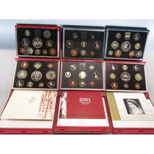 470 - Cased proof coinage 1990, £1 to 1p, 1995 2p to 1p, 1997, 1999, 2001, 2002 £5 to 1p (6)