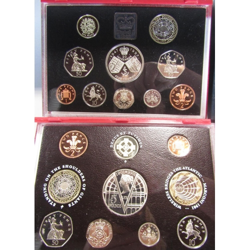 470 - Cased proof coinage 1990, £1 to 1p, 1995 2p to 1p, 1997, 1999, 2001, 2002 £5 to 1p (6)