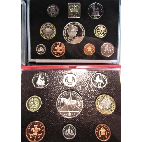 470 - Cased proof coinage 1990, £1 to 1p, 1995 2p to 1p, 1997, 1999, 2001, 2002 £5 to 1p (6)