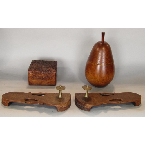 548 - A pair of Indonesian hardwood open sandals with inlaid brass detail, an oak tea caddy in the form a ... 