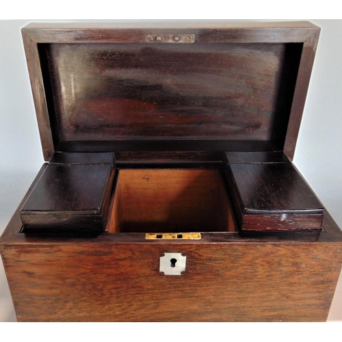 597 - 19th century rosewood tea caddy, the hinged lid enclosing two further rosewood hinged lid boxes and ... 