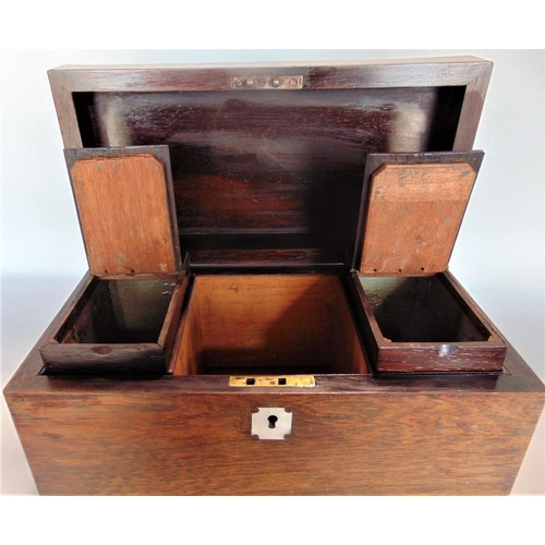 597 - 19th century rosewood tea caddy, the hinged lid enclosing two further rosewood hinged lid boxes and ... 