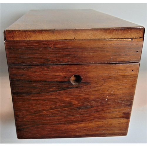 597 - 19th century rosewood tea caddy, the hinged lid enclosing two further rosewood hinged lid boxes and ... 