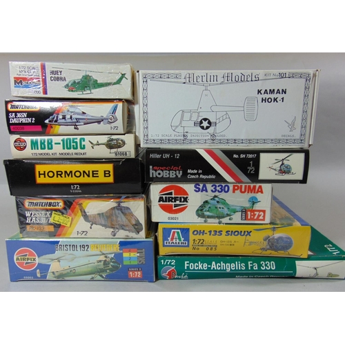 681 - Collection of 13 model helicopter kits including models by Airfix, Matchbox, Italaeri, Special Hobby... 