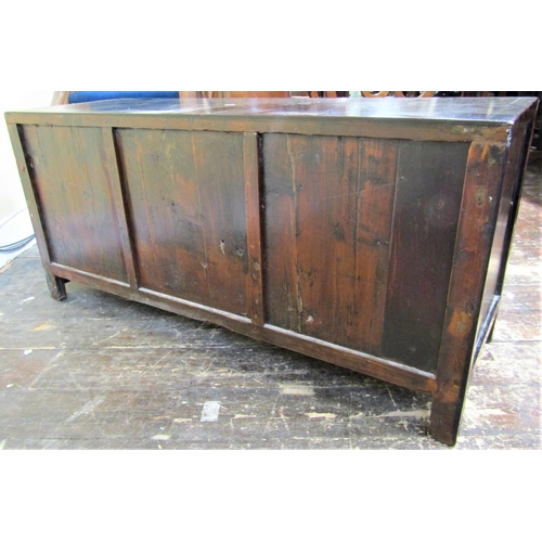 2137 - A Chinese black ground side cupboard enclosed by three cupboards and four drawers with applied brass... 