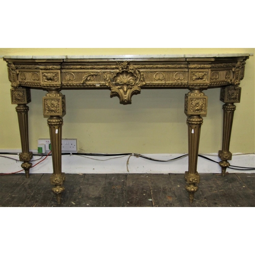 2145 - A mid 19th century console table, the base with repeating geometric detail, to the centre a scallop ... 