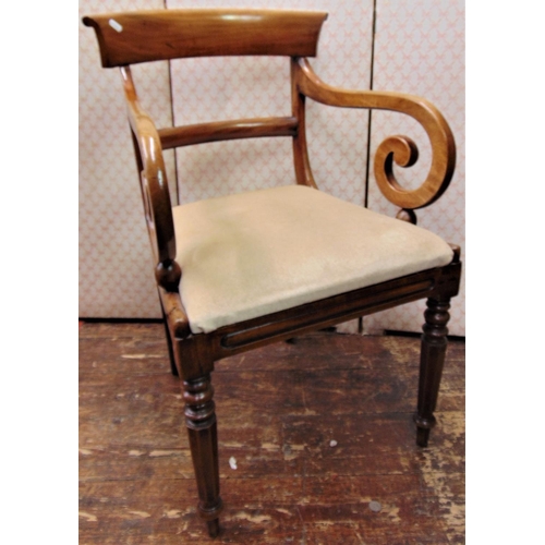 2153 - A Georgian mahogany elbow chair with scrolled arm and drop-in seat on tapering octagonal supports