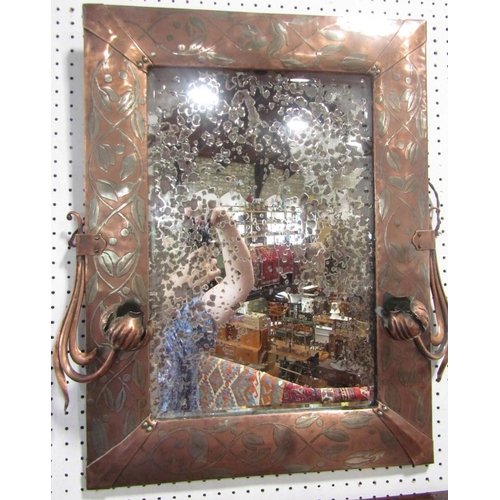 516 - Arts and crafts copper and white metal inlaid girandole wall mirror with floral  scrolled sconces  a... 