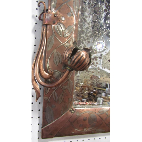 516 - Arts and crafts copper and white metal inlaid girandole wall mirror with floral  scrolled sconces  a... 