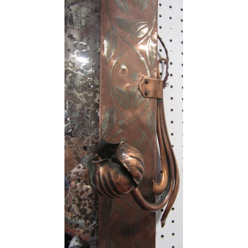 516 - Arts and crafts copper and white metal inlaid girandole wall mirror with floral  scrolled sconces  a... 