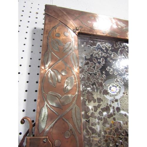 516 - Arts and crafts copper and white metal inlaid girandole wall mirror with floral  scrolled sconces  a... 