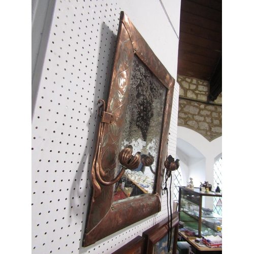 516 - Arts and crafts copper and white metal inlaid girandole wall mirror with floral  scrolled sconces  a... 