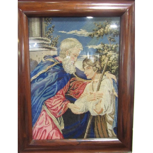 517 - Two religious wool work tapestry pictures in good rosewood frames, 37 x 31cm and 37 x 28cm respectiv... 