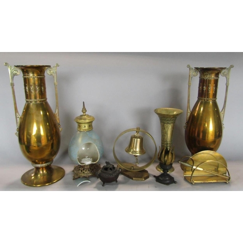 550 - A mixed metalware lot to include a pair of aesthetic period brass twin handled vases, a bronze flora... 