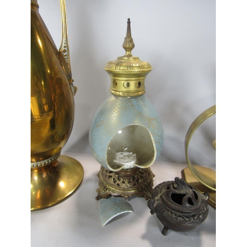 550 - A mixed metalware lot to include a pair of aesthetic period brass twin handled vases, a bronze flora... 