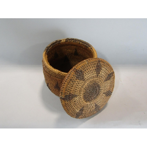 567 - Interesting native American wickerwork lidded casket of circular form, 10cm high x 13cm diameter