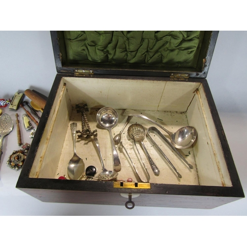 572 - A walnut casket containing a collection of interesting items to include silver plated flatware, a Vi... 