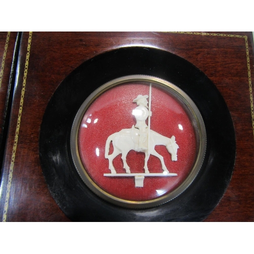 573 - A pair of Dieppe ivory framed character groups of a soldier riding a horse and don quixote riding a ... 