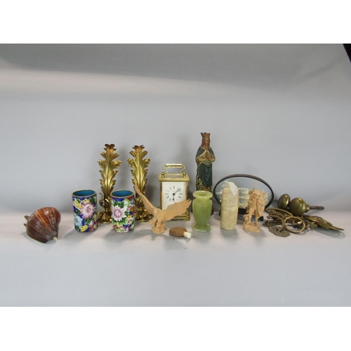 586 - A mixed miscellaneous lot comprising a brass cased carriage clock, a collection of brass door and ca... 