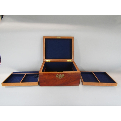 600 - A good quality flame mahogany jewellery casket made by cabinet maker Matthew Smith of Swallows Barn ... 