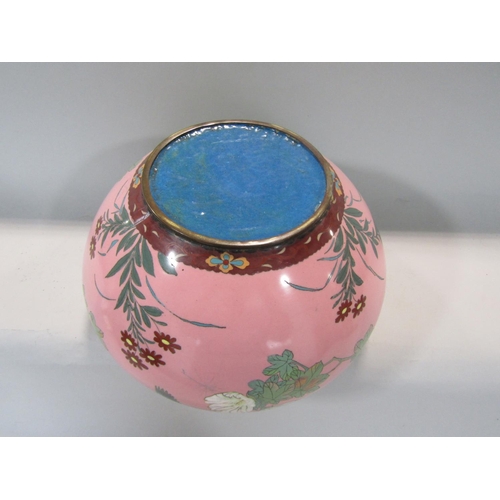 612 - Japanese cloisonné baluster jardinière decorated with birds and foliage upon a pink ground, 31cm dia... 