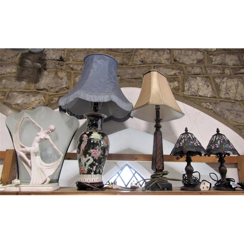 585 - A Mixed collection of lighting to include a Chinese famille noir baluster vase lamp, a further art d... 