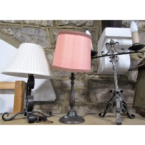 588 - An unusual wrought iron twin branch table lamp, with wrythen fluted stem, 46cm high, together with a... 