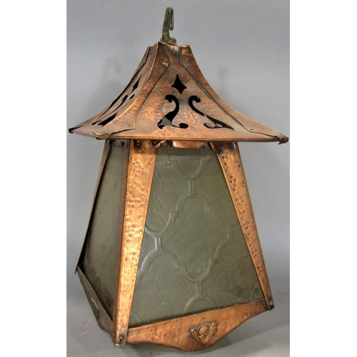 590 - Arts and crafts planished copper lantern, with cast maiden heads, etc, 45cm high