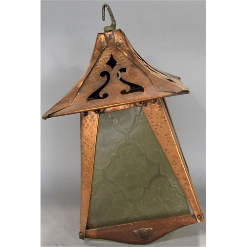 590 - Arts and crafts planished copper lantern, with cast maiden heads, etc, 45cm high