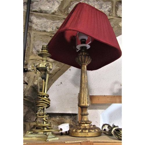 593 - A good quality Adam style gilt brass table lamp, with triform rams head decoration, together with a ... 