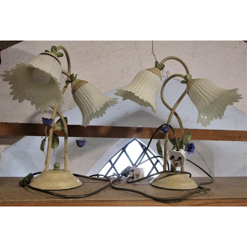 594 - A pair of twin branch table lamps with floral stem work (2)