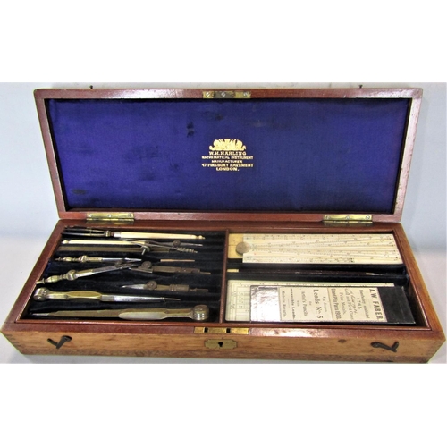 626 - WH Harling of London mathematical instrument set, with mahogany box, 36cm long