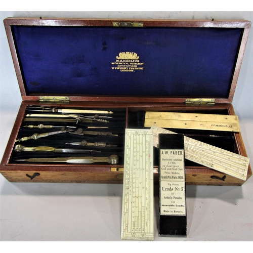 626 - WH Harling of London mathematical instrument set, with mahogany box, 36cm long