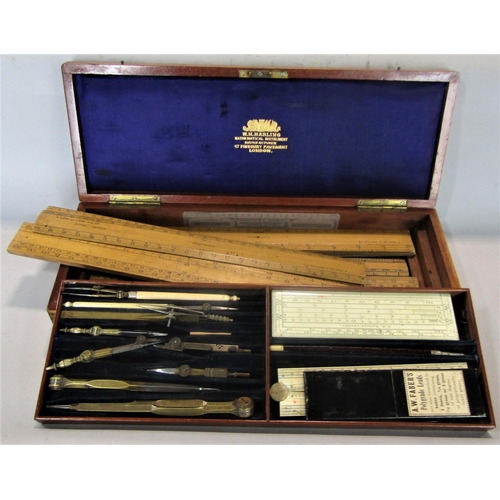 626 - WH Harling of London mathematical instrument set, with mahogany box, 36cm long