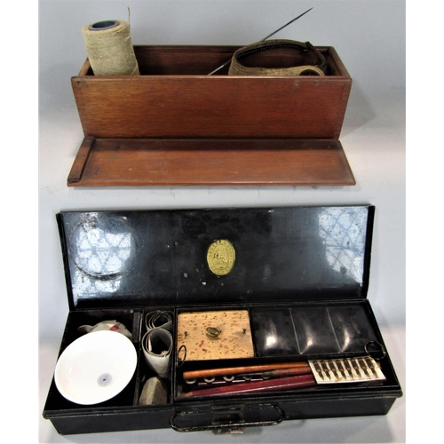 627 - Japanned tin painters or artists box, the hinged lid enclosing various materials, together with a fu... 